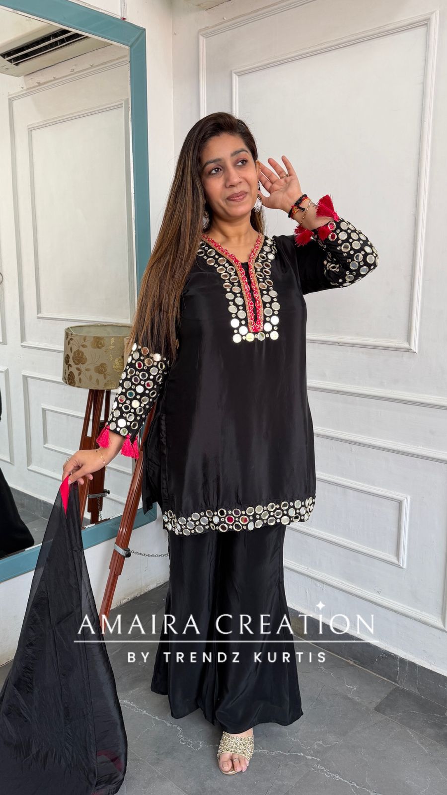 Premium Crepe Black Colour Original Mirror Work Detailing Bell Bottom Plazo Set