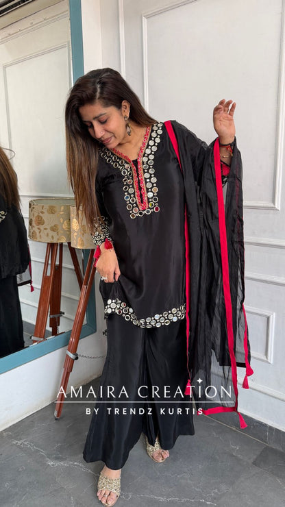 Premium Crepe Black Colour Original Mirror Work Detailing Bell Bottom Plazo Set