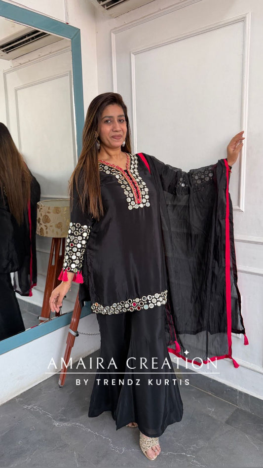 Premium Crepe Black Colour Original Mirror Work Detailing Bell Bottom Plazo Set