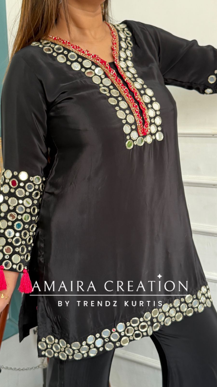 Premium Crepe Black Colour Original Mirror Work Detailing Bell Bottom Plazo Set