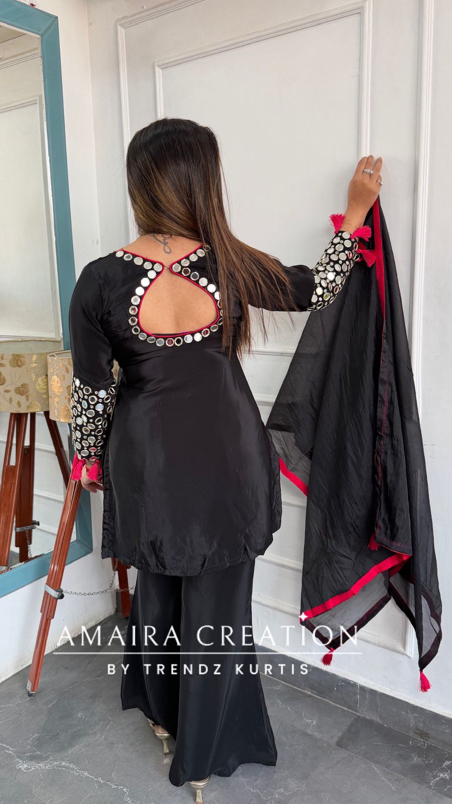 Premium Crepe Black Colour Original Mirror Work Detailing Bell Bottom Plazo Set