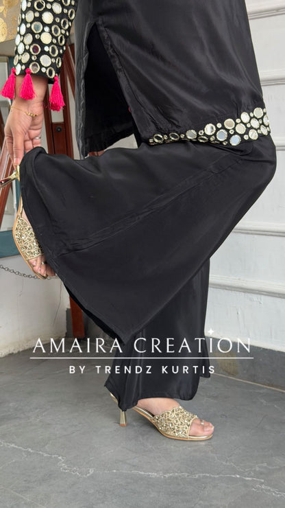 Premium Crepe Black Colour Original Mirror Work Detailing Bell Bottom Plazo Set