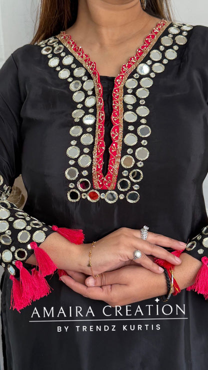 Premium Crepe Black Colour Original Mirror Work Detailing Bell Bottom Plazo Set