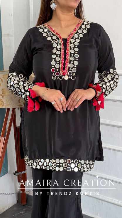 Premium Crepe Black Colour Original Mirror Work Detailing Bell Bottom Plazo Set