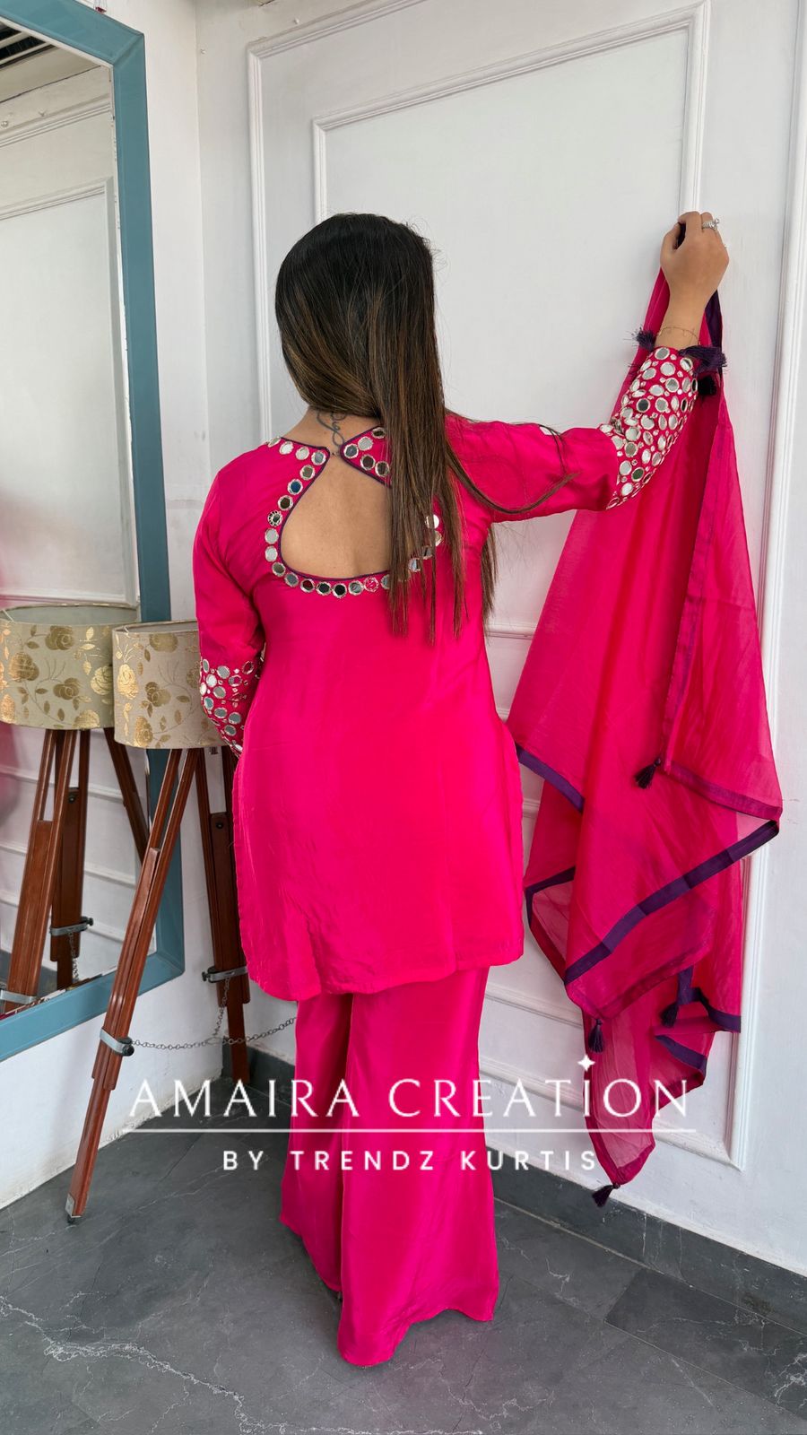 Premium Crepe Pink Colour Original Mirror Work Detailing Bell Bottom Plazo Set