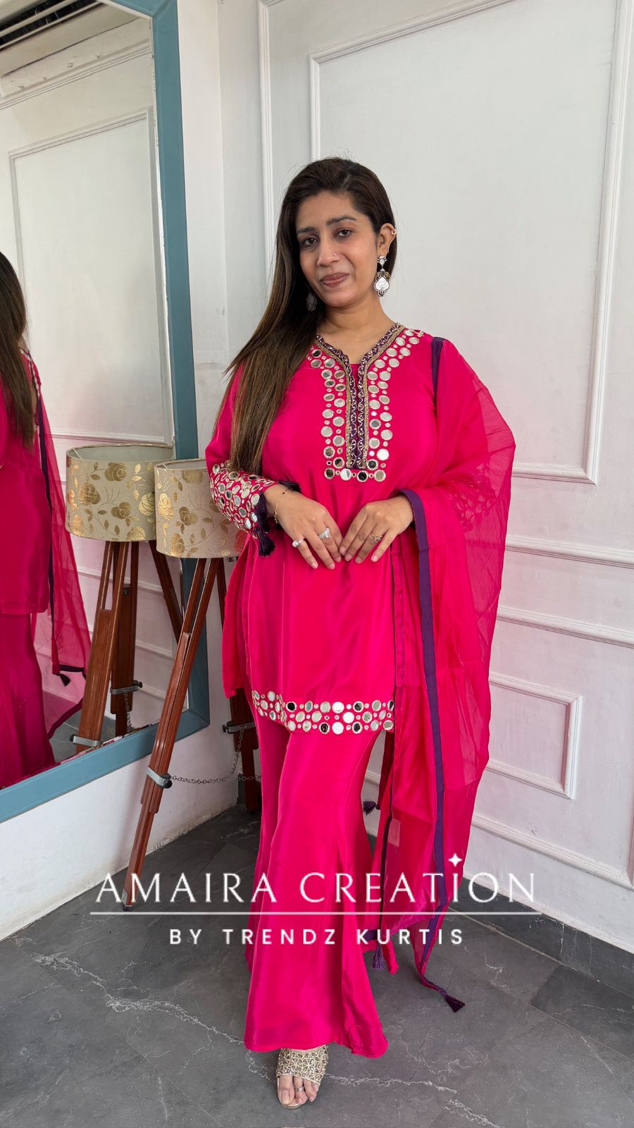 Premium Crepe Pink Colour Original Mirror Work Detailing Bell Bottom Plazo Set