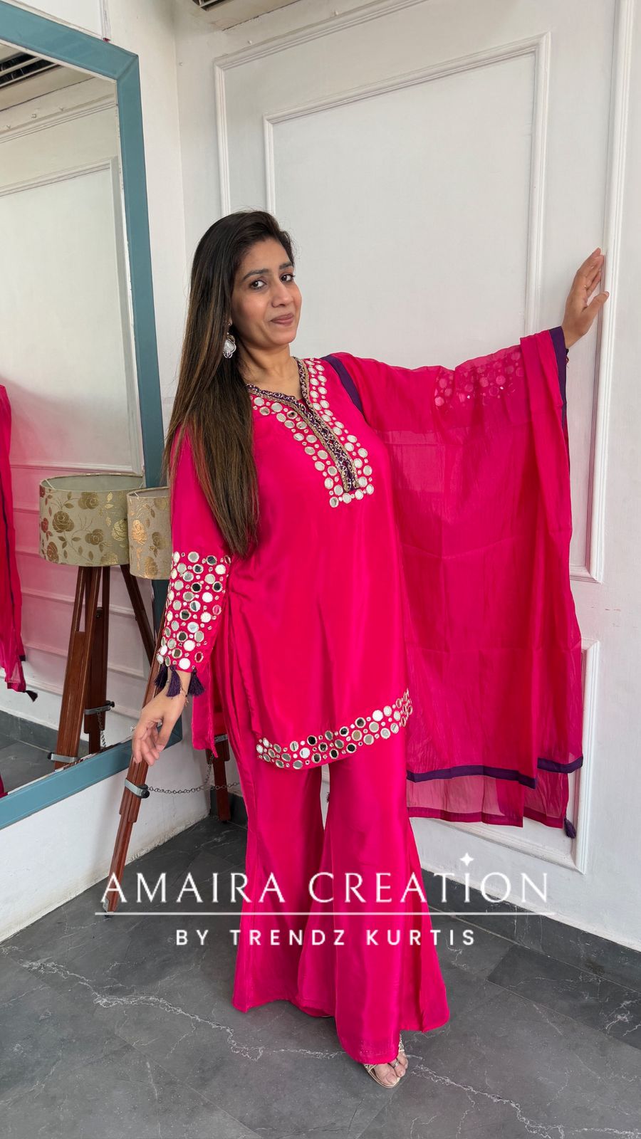 Premium Crepe Pink Colour Original Mirror Work Detailing Bell Bottom Plazo Set