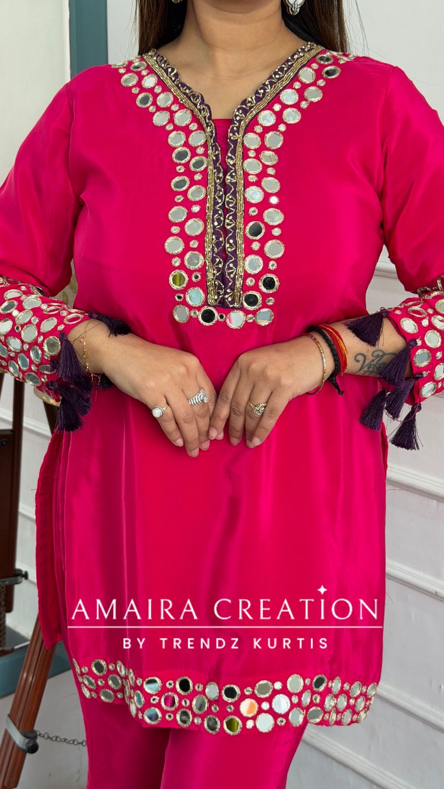 Premium Crepe Pink Colour Original Mirror Work Detailing Bell Bottom Plazo Set