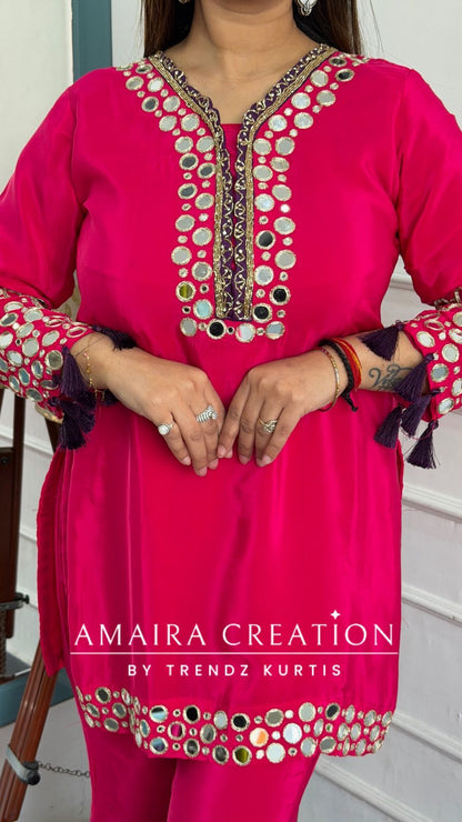 Premium Crepe Pink Colour Original Mirror Work Detailing Bell Bottom Plazo Set