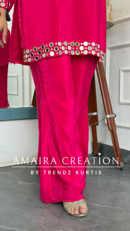Premium Crepe Pink Colour Original Mirror Work Detailing Bell Bottom Plazo Set