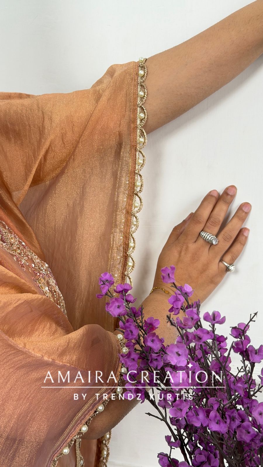 Premium Glass Tissue Peach Colour Kaftan Set