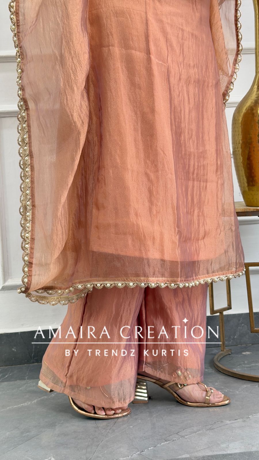 Premium Glass Tissue Peach Colour Kaftan Set