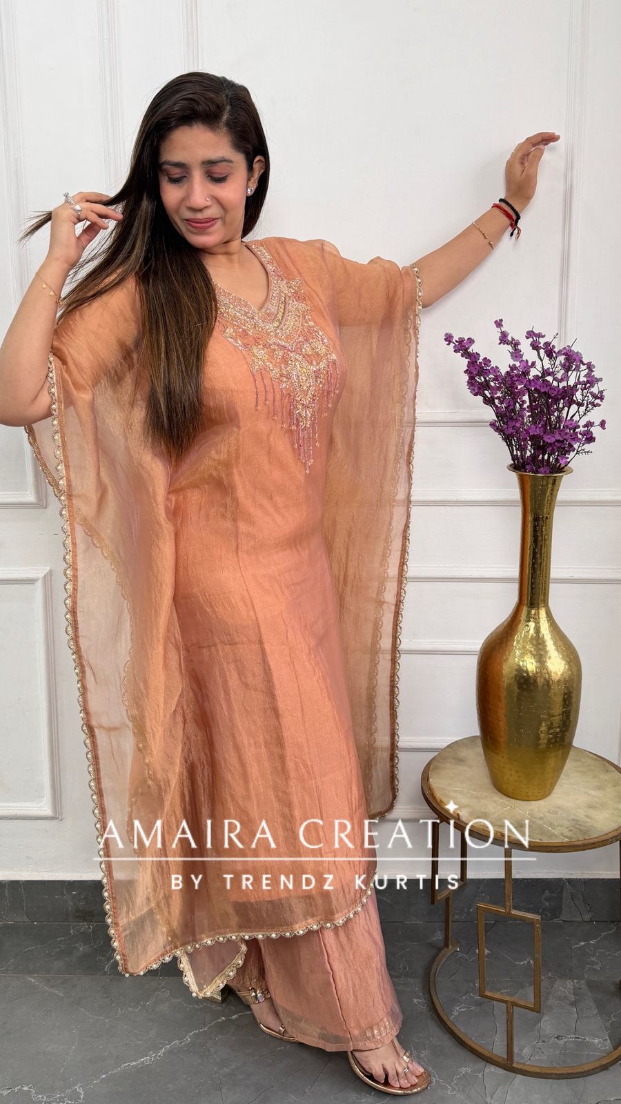 Premium Glass Tissue Peach Colour Kaftan Set