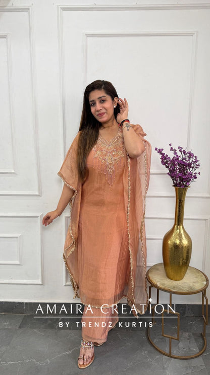Premium Glass Tissue Peach Colour Kaftan Set