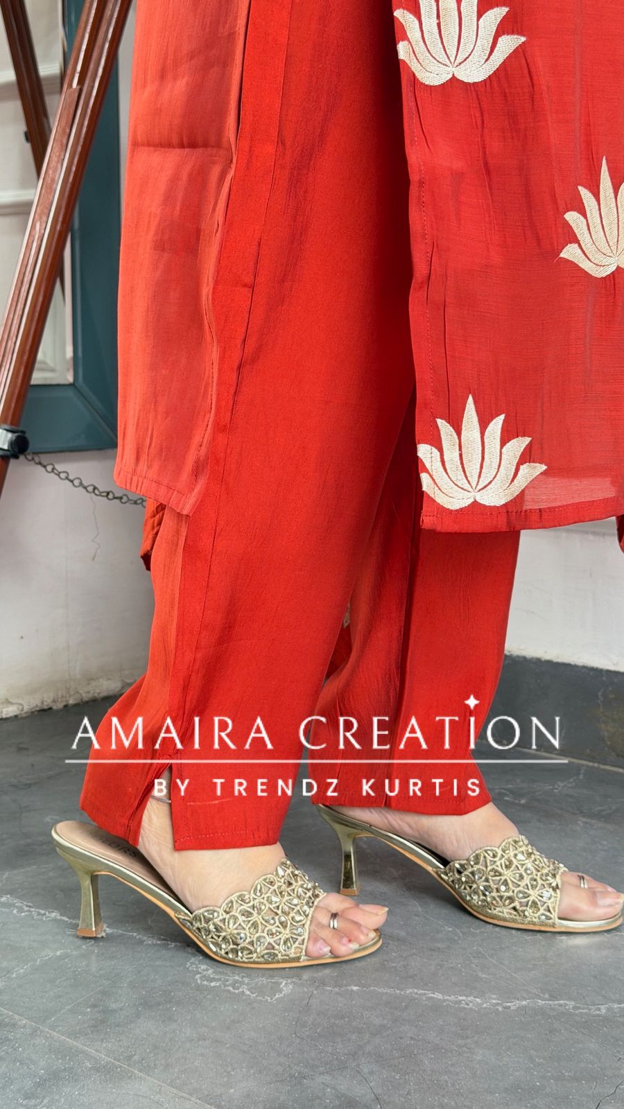 Muslin Fabric Rust Color Thread Embroidered Pant Set