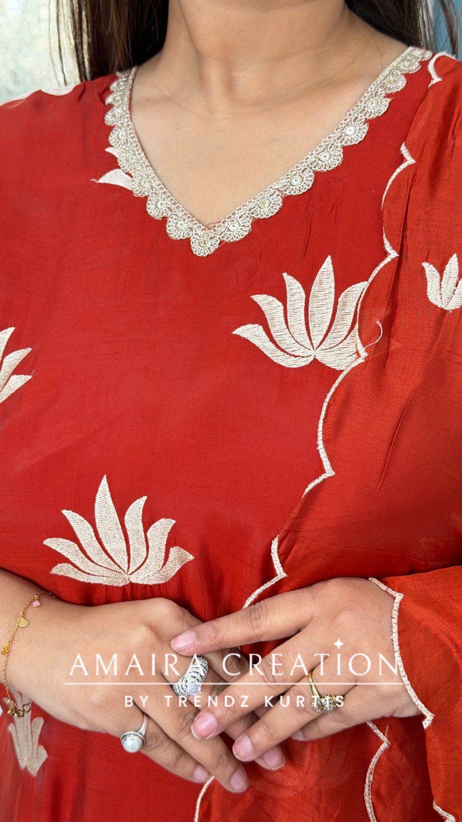 Muslin Fabric Rust Color Thread Embroidered Pant Set