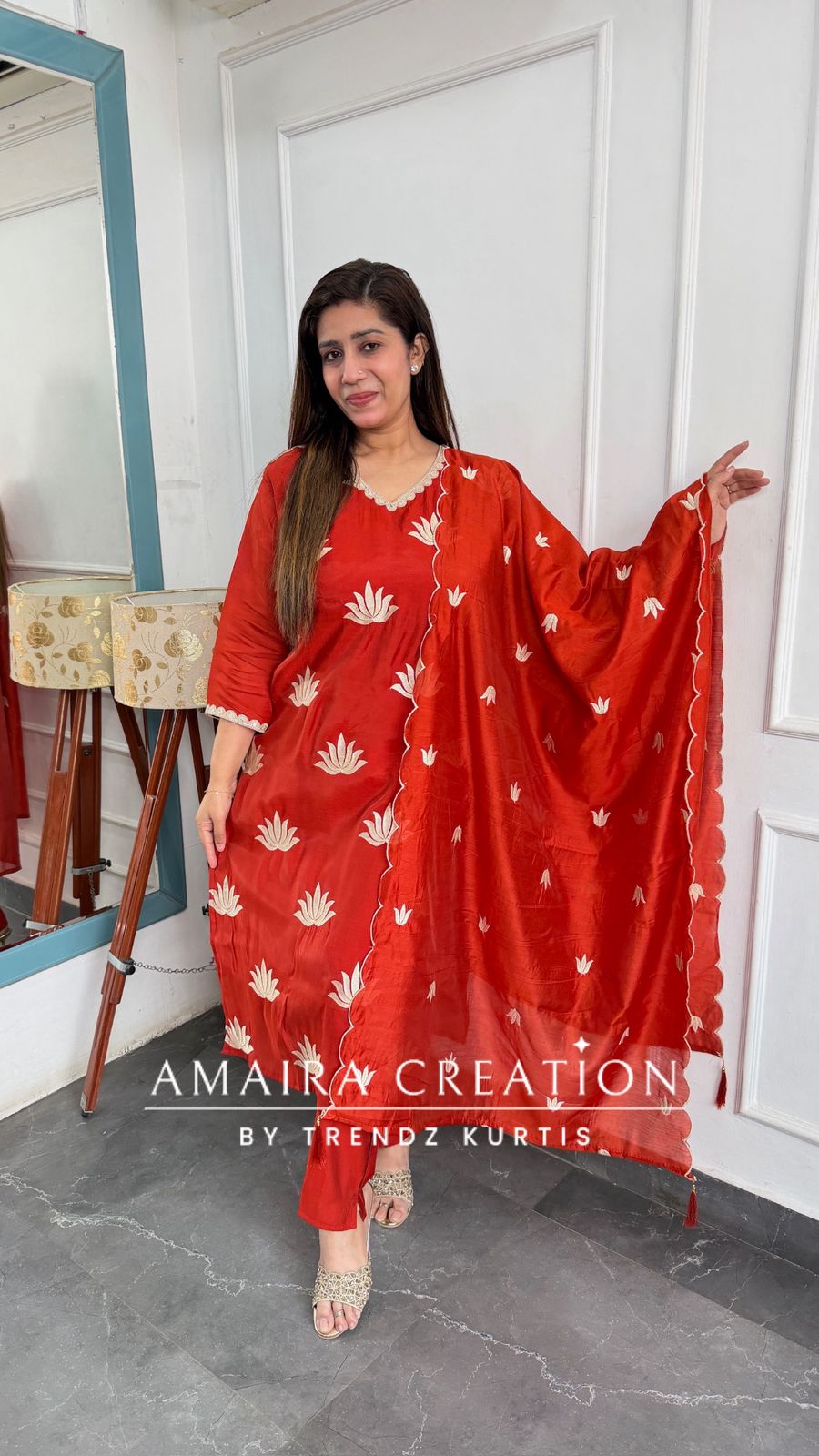 Muslin Fabric Rust Color Thread Embroidered Pant Set