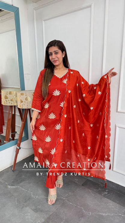 Muslin Fabric Rust Color Thread Embroidered Pant Set