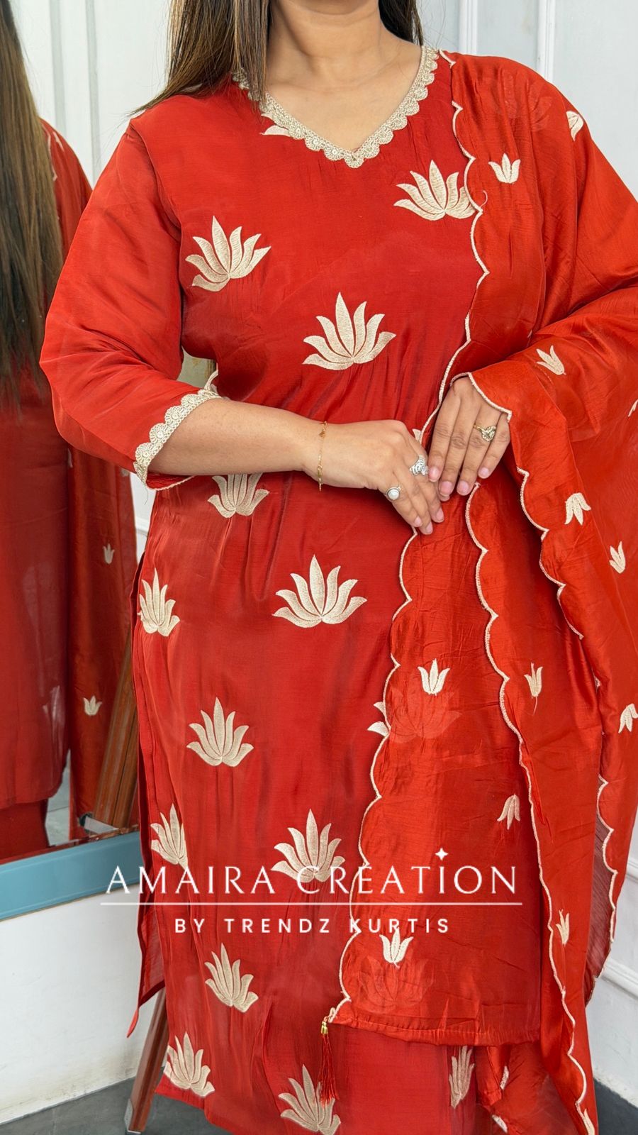 Muslin Fabric Rust Color Thread Embroidered Pant Set