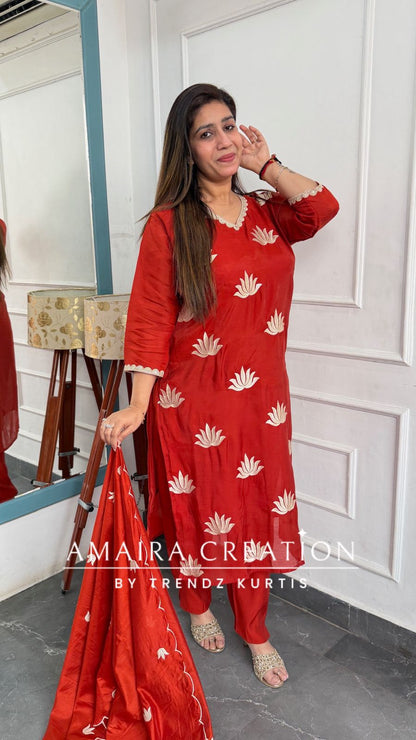 Muslin Fabric Rust Color Thread Embroidered Pant Set