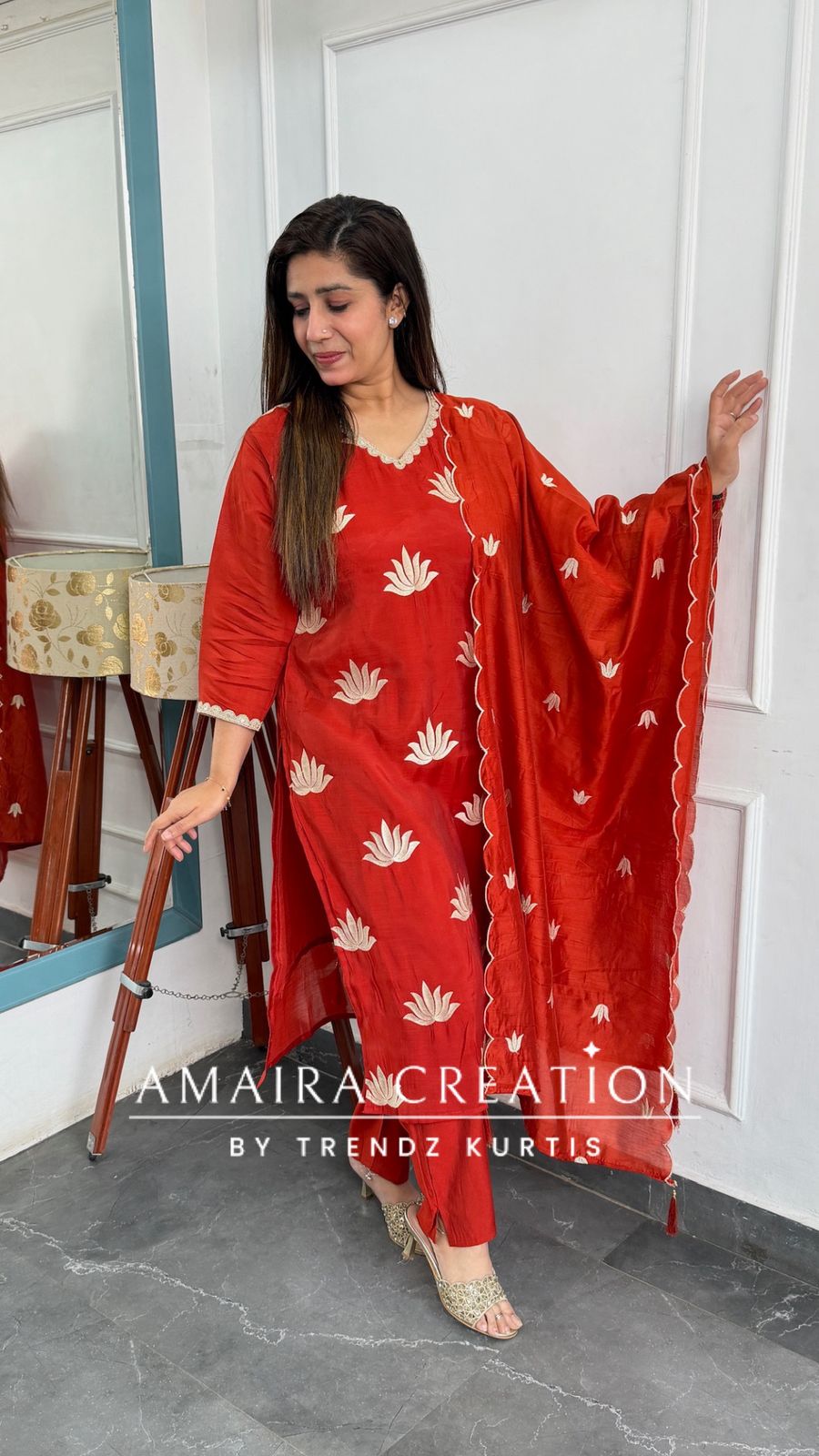 Muslin Fabric Rust Color Thread Embroidered Pant Set