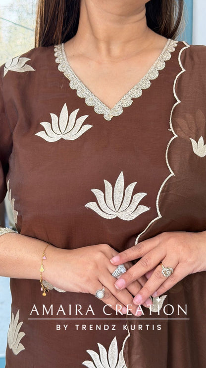 Muslin Fabric Coffee Color Thread Embroidered Pant Set