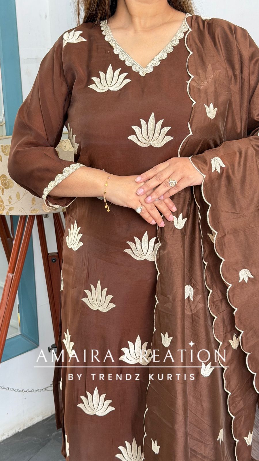 Muslin Fabric Coffee Color Thread Embroidered Pant Set