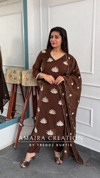 Muslin Fabric Coffee Color Thread Embroidered Pant Set