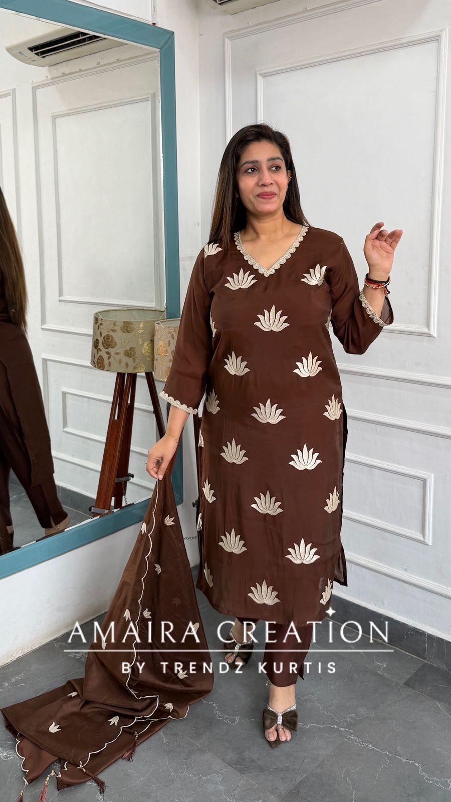 Muslin Fabric Coffee Color Thread Embroidered Pant Set