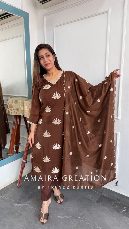 Muslin Fabric Coffee Color Thread Embroidered Pant Set