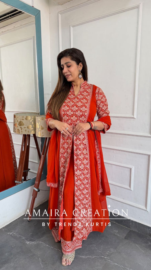 Premium Georgette Fully Work Rust Colour Centre Slit Plazo Set