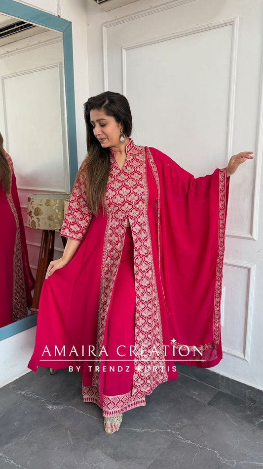 Premium Georgette Fully Work Magenta Colour Centre Slit Plazo Set