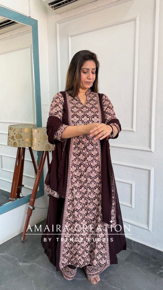 Premium Georgette Fully Work Brown Colour Centre Slit Plazo Set