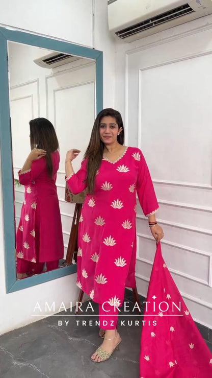 Muslin Fabric Pink Color Thread Embroidered Pant Set