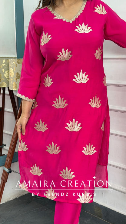 Muslin Fabric Pink Color Thread Embroidered Pant Set