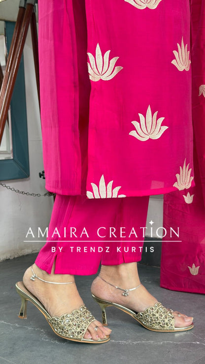 Muslin Fabric Pink Color Thread Embroidered Pant Set