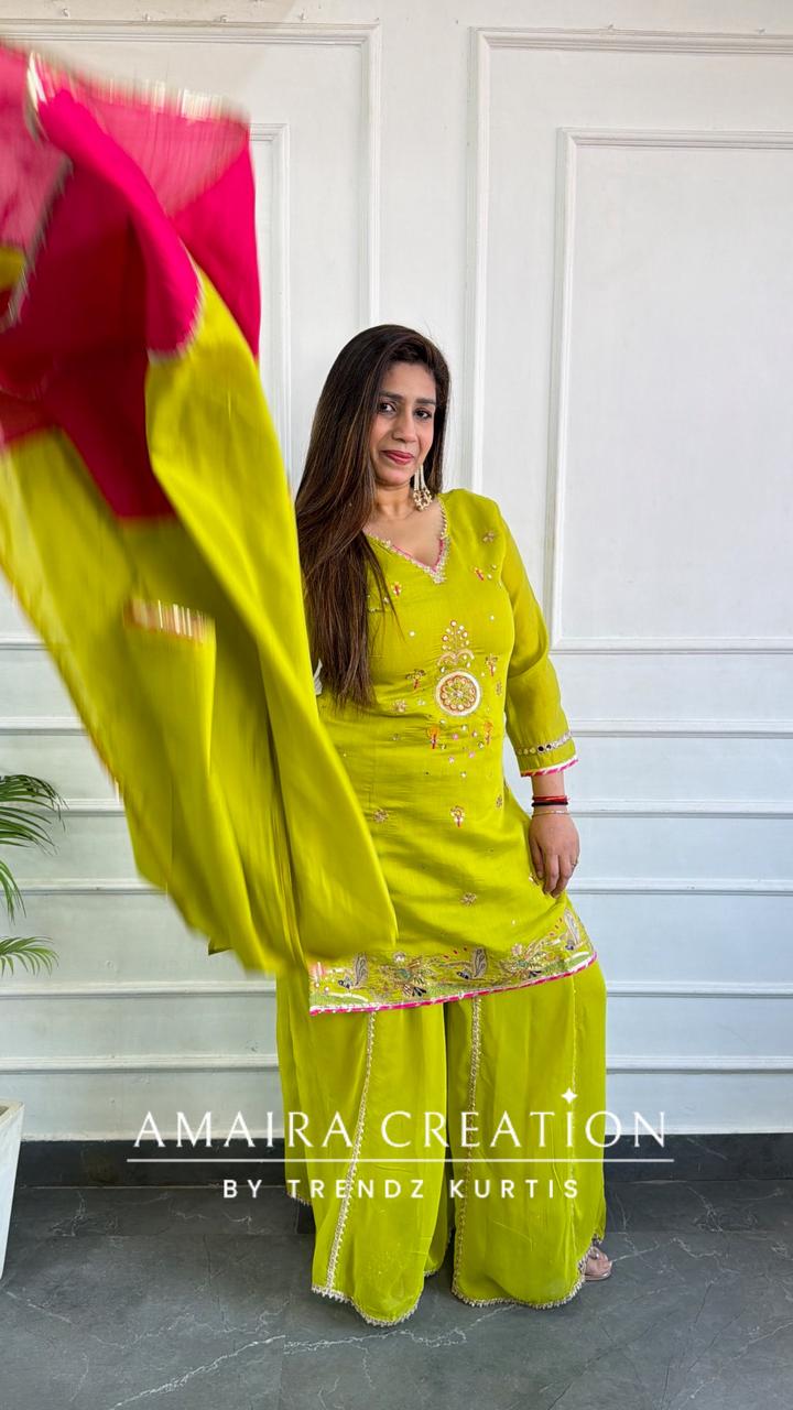 Premium Mulchanderi Lime Green Divider Set With Georgette Fabric Divider Set