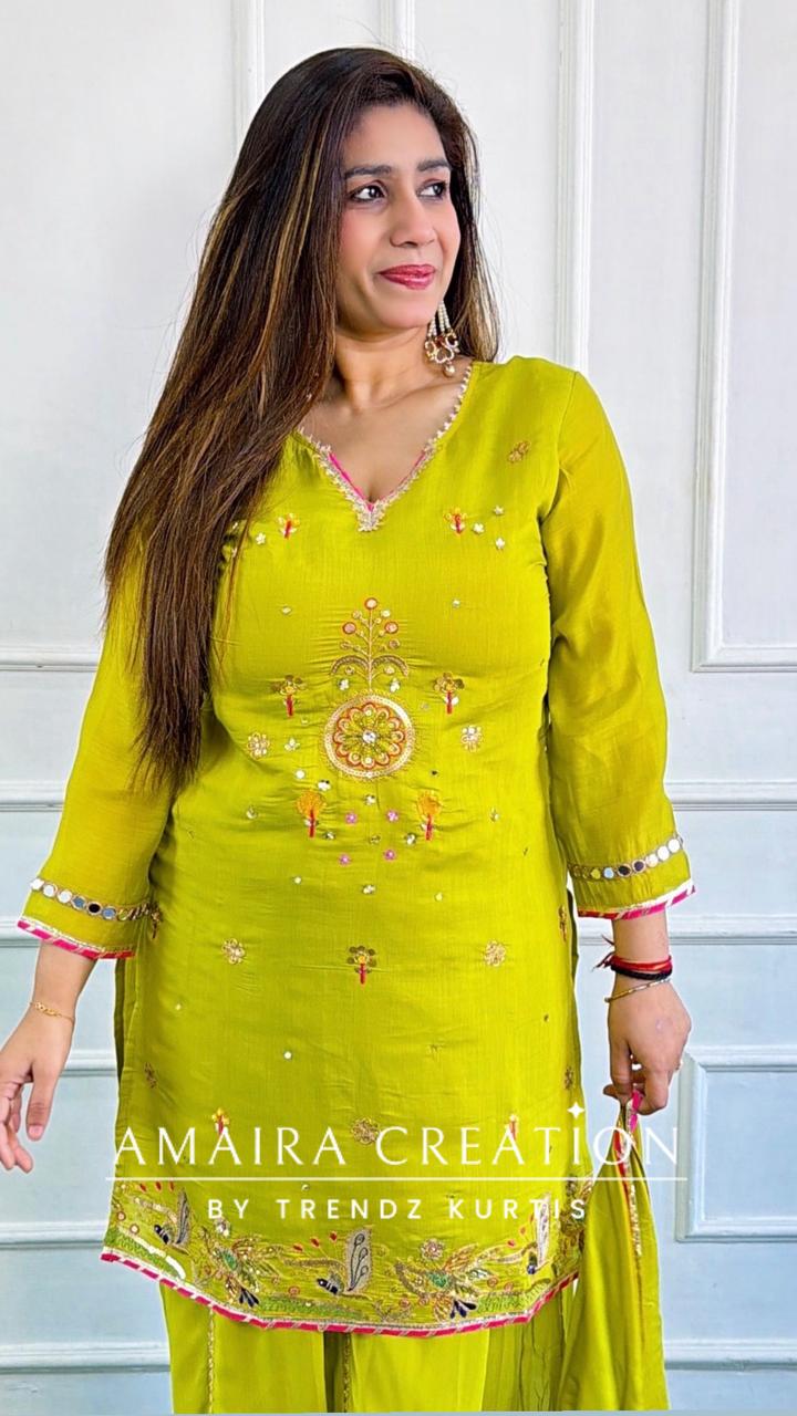 Premium Mulchanderi Lime Green Divider Set With Georgette Fabric Divider Set