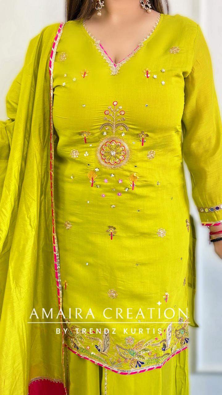 Premium Mulchanderi Lime Green Divider Set With Georgette Fabric Divider Set