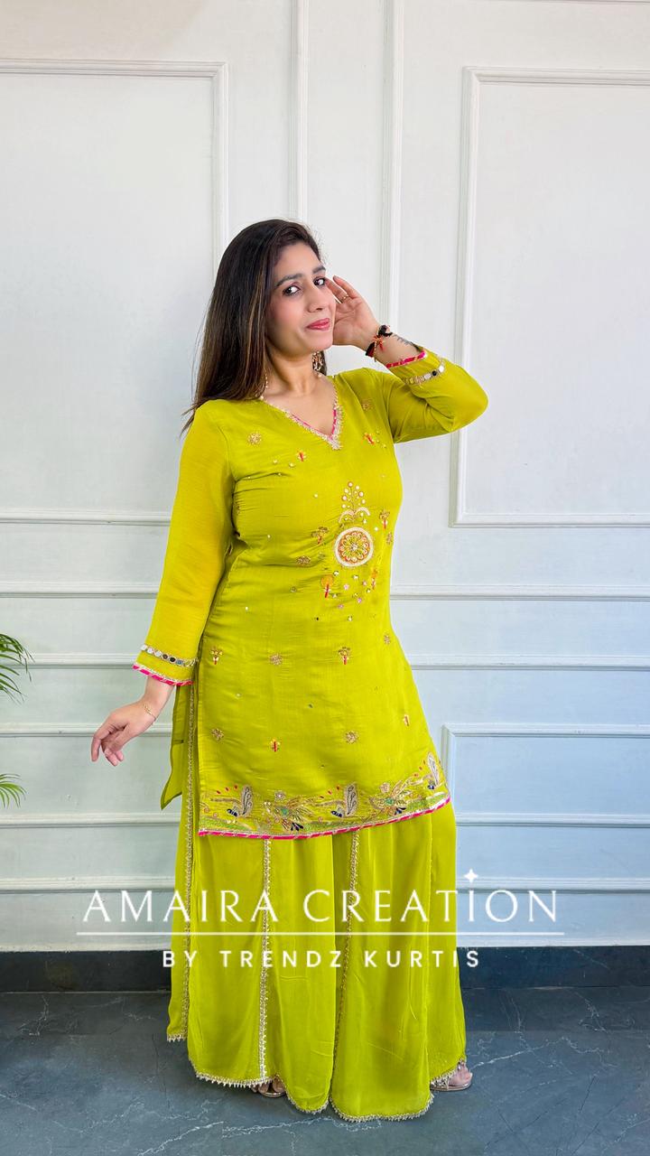 Premium Mulchanderi Lime Green Divider Set With Georgette Fabric Divider Set