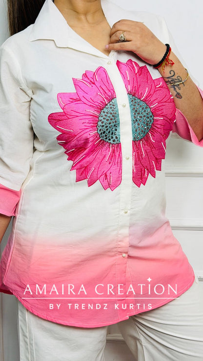 Premium Cotton Pink & Yellow Floral Ombre Cord Set (Full Cotton Lining)