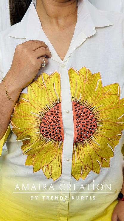 Premium Cotton White & Yellow Floral Ombre Cord Set (Full Cotton Lining)