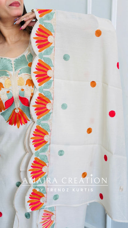 Premium Cotton Muslin Beautiful Cream Colour Kashmiri Work Pant set