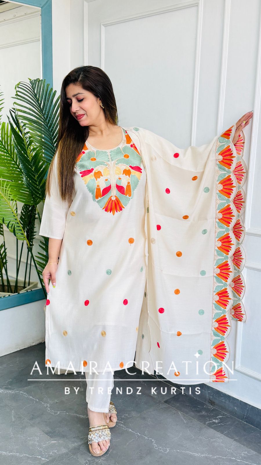 Premium Cotton Muslin Beautiful Cream Colour Kashmiri Work Pant set