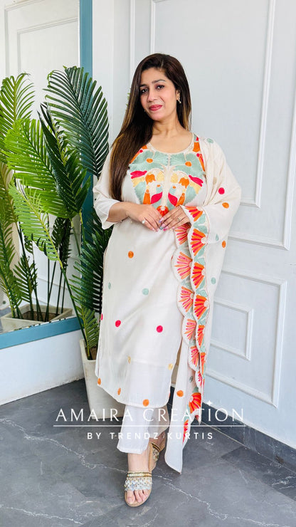 Premium Cotton Muslin Beautiful Cream Colour Kashmiri Work Pant set