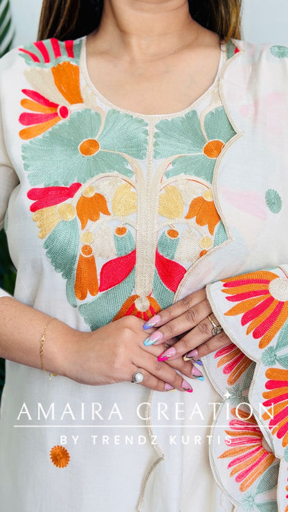 Premium Cotton Muslin Beautiful Cream Colour Kashmiri Work Pant set