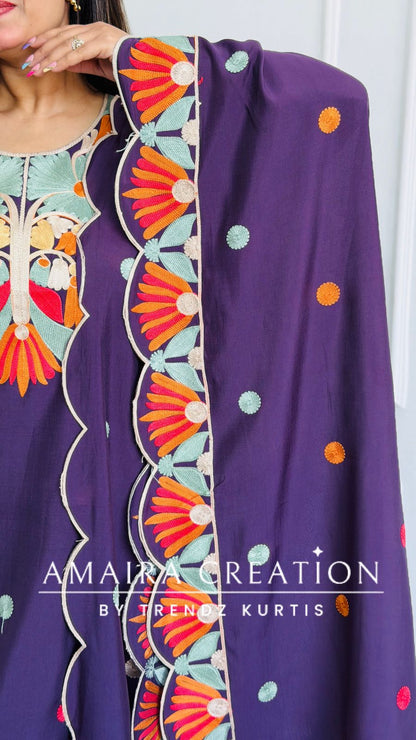 Premium Cotton Muslin Beautiful Purple Colour Kashmiri Work Pant set