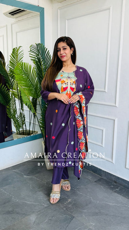 Premium Cotton Muslin Beautiful Purple Colour Kashmiri Work Pant set