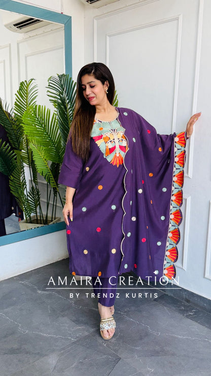 Premium Cotton Muslin Beautiful Purple Colour Kashmiri Work Pant set