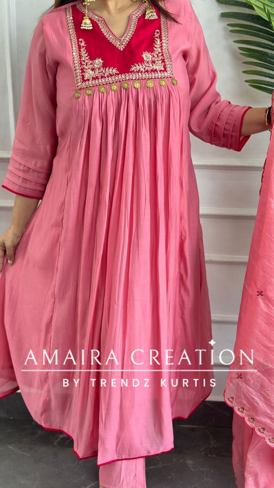 Premium Chanderi Cotton Pink Color A line Set